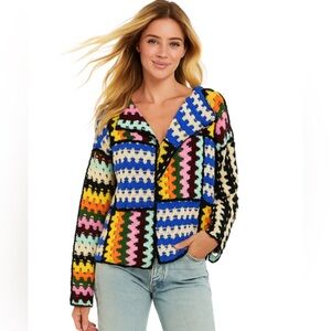 POL Colorful Crocheted Patchwork Open Front Cardigan Sweater Boho Statement